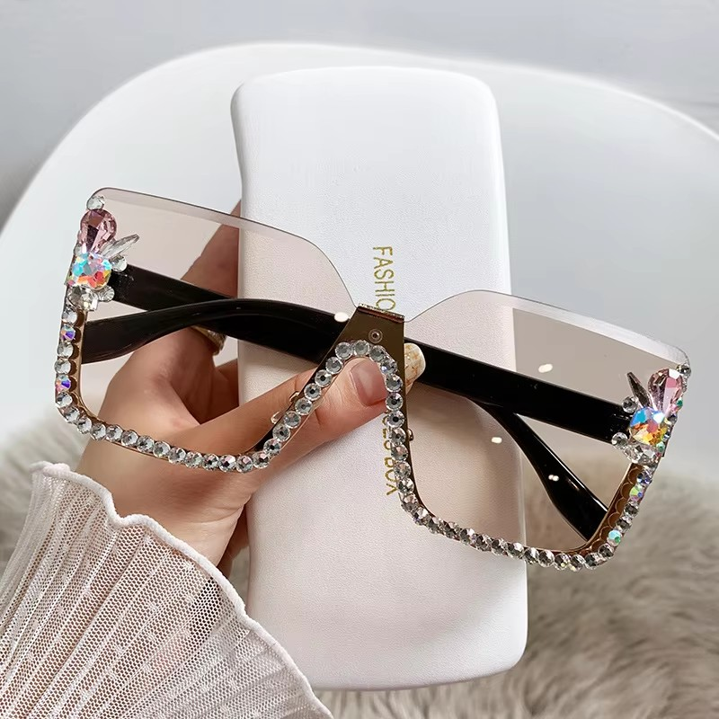 New Arrival Square Rimless With Diamond Designer Ladies Luxury Custom Logo Fashion Women Sunglasses