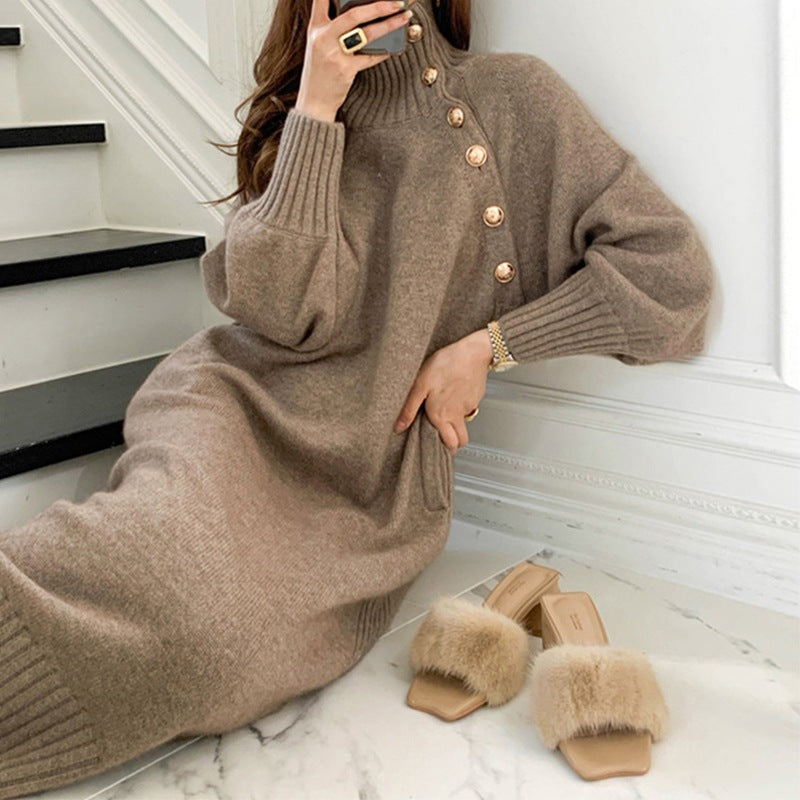 French style with coat under sweater long over the knee knit dress women