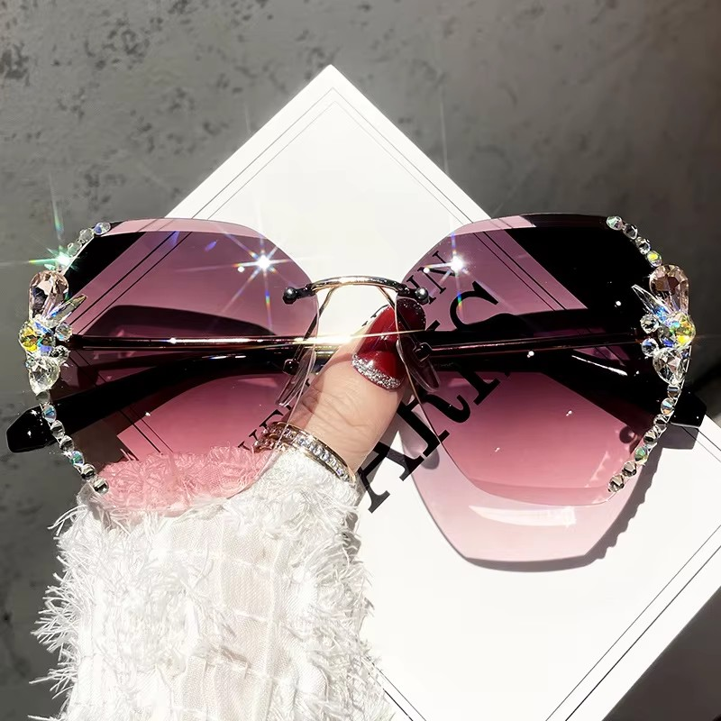 Lunette De Soleil Luxury Rhinestone Sun Glasses Female Shades Cutting Lens Rimless Sunglasses