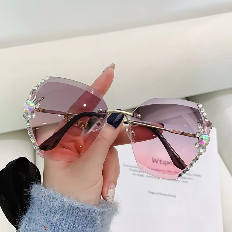 Lunette De Soleil Luxury Rhinestone Sun Glasses Female Shades Cutting Lens Rimless Sunglasses