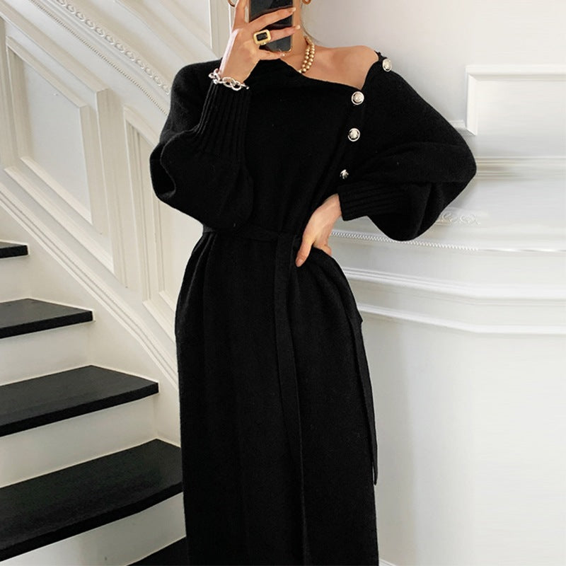 French style with coat under sweater long over the knee knit dress women