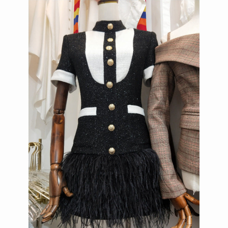 Europe and The United States autumn winter star women fashion metal buckle black and white clash-color hem stitching feather dress