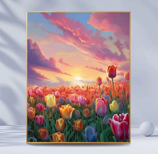 Sunset Rose DIY digital oil painting kit, hand-painted acrylic landscape fill color.