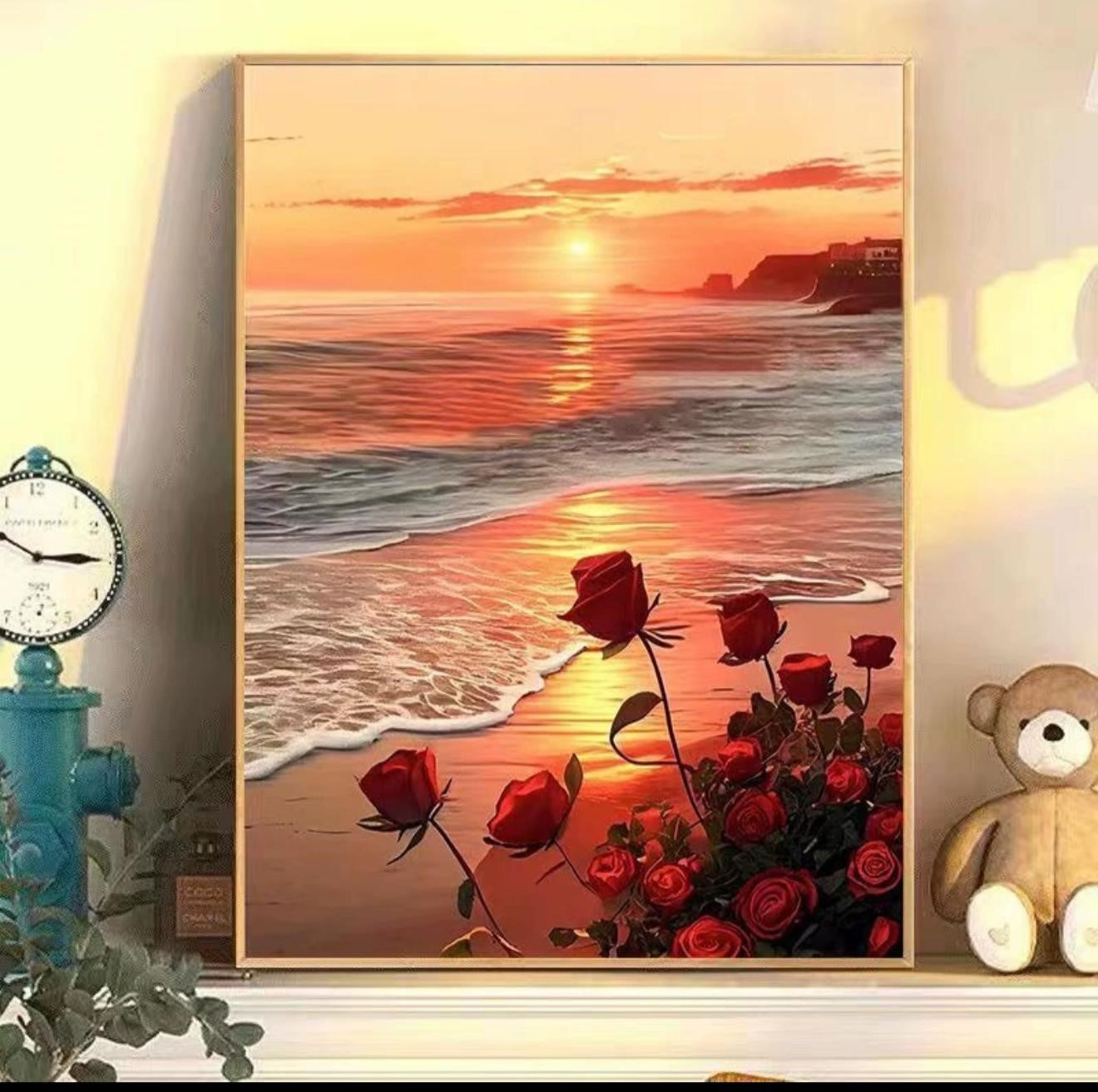 Sunset Rose DIY digital oil painting kit, hand-painted acrylic landscape fill color.