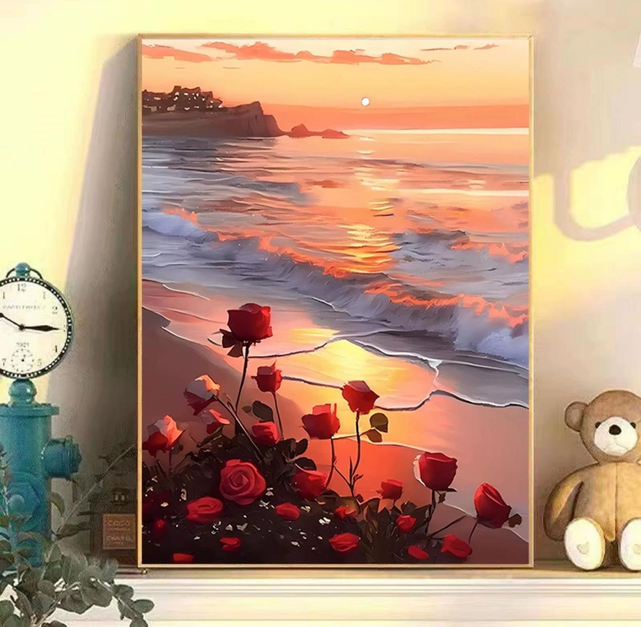 Sunset Rose DIY digital oil painting kit, hand-painted acrylic landscape fill color.