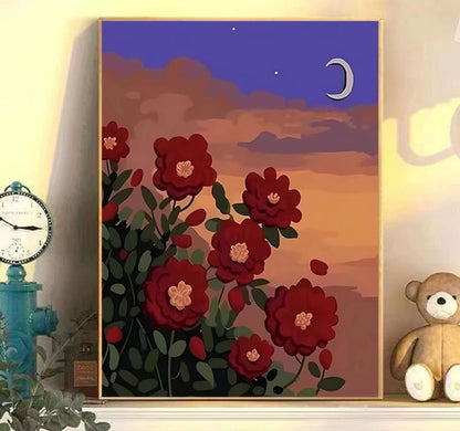 Sunset Rose DIY digital oil painting kit, hand-painted acrylic landscape fill color.