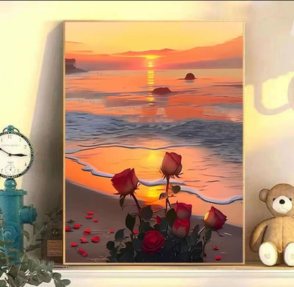 Sunset Rose DIY digital oil painting kit, hand-painted acrylic landscape fill color.