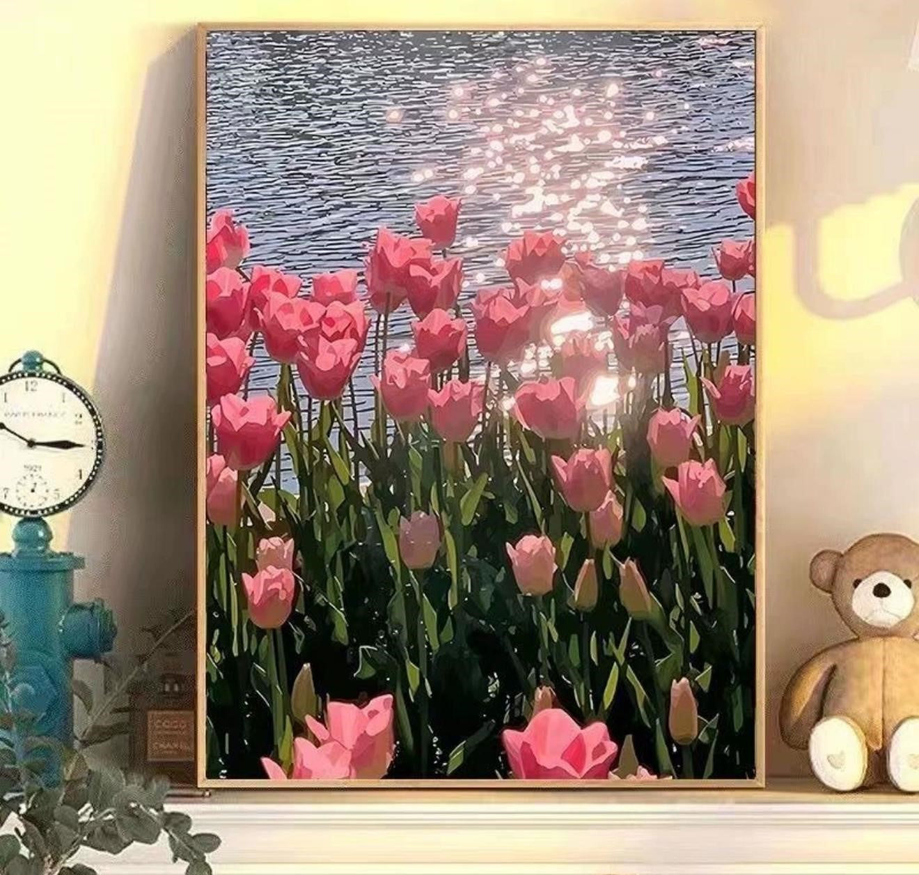 Sunset Rose DIY digital oil painting kit, hand-painted acrylic landscape fill color.