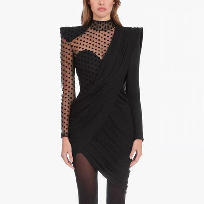 European and American stars the same sexy wave dot mesh splicing slim bag hip fold irregular dress