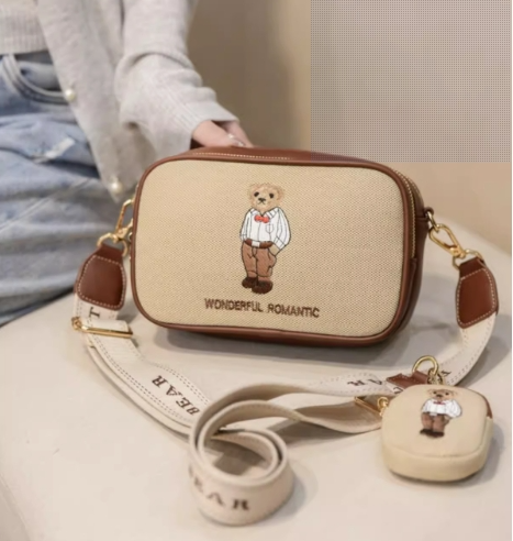 shoulder strap embroidered canvas square bag for women