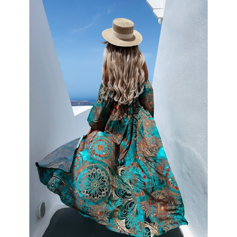 Europe and the United States summer new line collar long sleeve chest print long dress