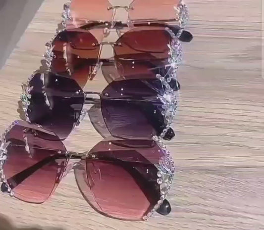 Lunette De Soleil Luxury Rhinestone Sun Glasses Female Shades Cutting Lens Rimless Sunglasses